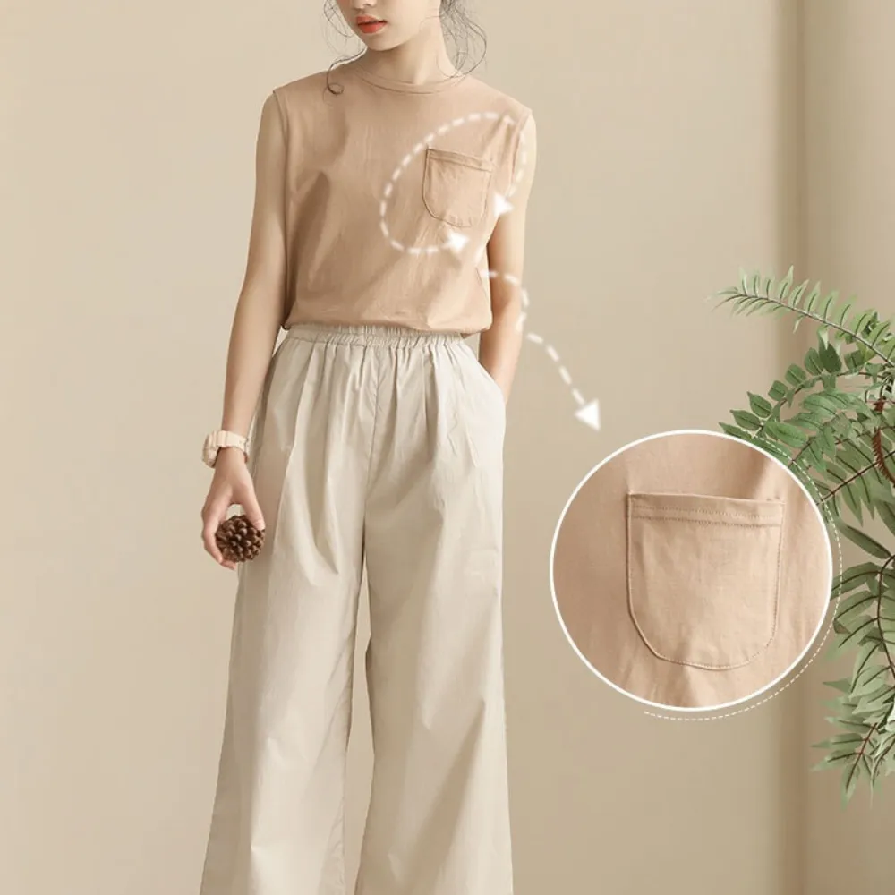 日系 口袋背心/ 卡其色长裤 Patched Pocket Sleeveless Tops/ Straight Leg Pants in Khaki