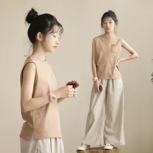 日系 口袋背心/ 卡其色长裤 Patched Pocket Sleeveless Tops/ Straight Leg Pants in Khaki