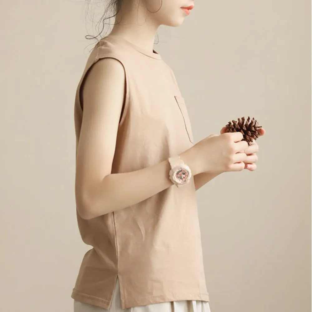 日系 口袋背心/ 卡其色长裤 Patched Pocket Sleeveless Tops/ Straight Leg Pants in Khaki