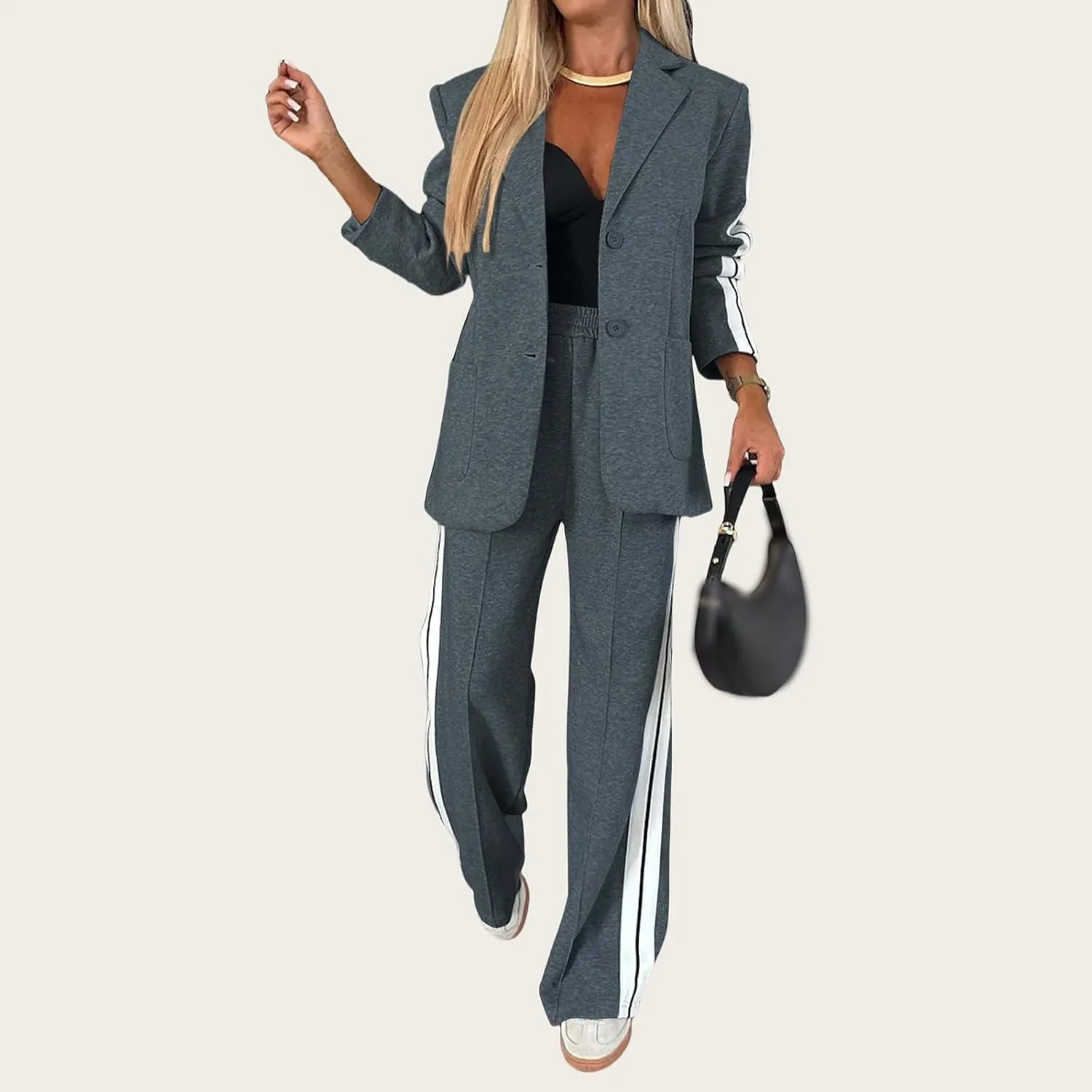 2 Piece Blazer Outfits for Women Comfy Oversized Jacket Wide Leg Pants Suits Notch Lapel Casual Business Dressy Sets