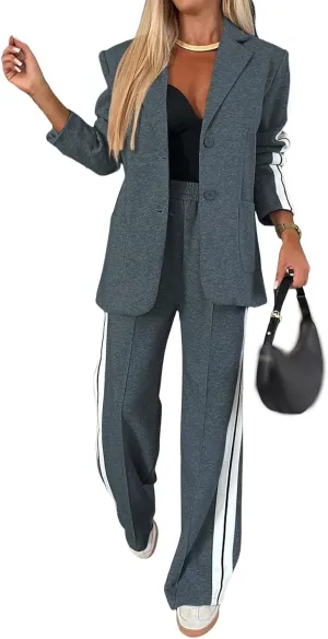 2 Piece Blazer Outfits for Women Comfy Oversized Jacket Wide Leg Pants Suits Notch Lapel Casual Business Dressy Sets