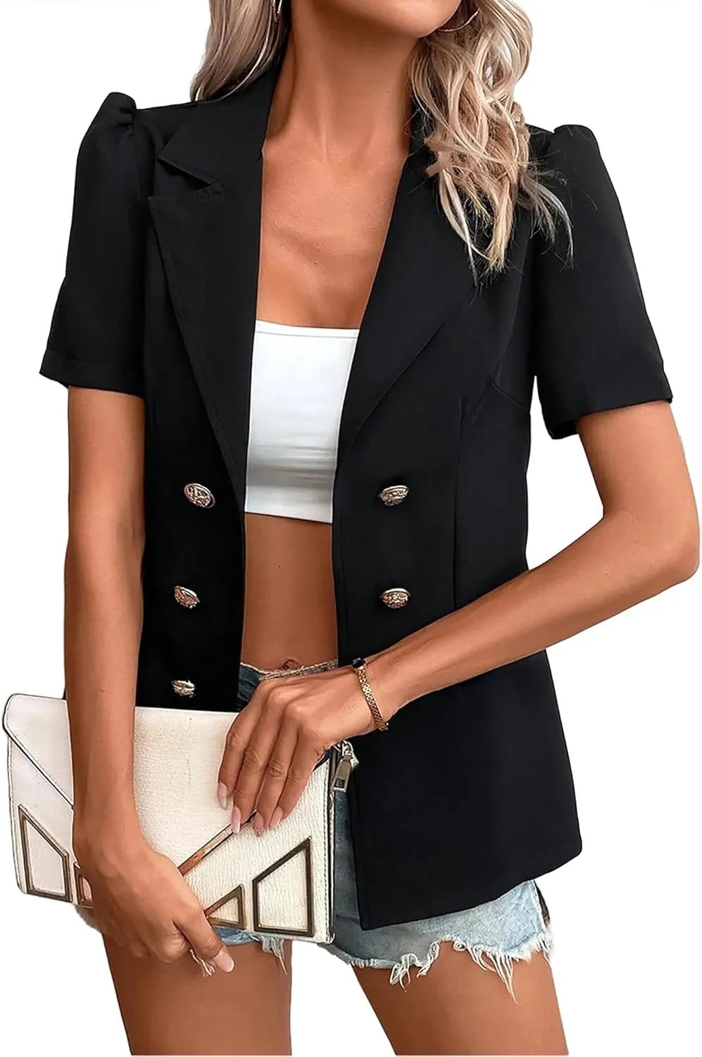 2024 Summer Womens Short Puff Sleeve Fully Lined Blazer Double Breasted Lightweight Casual Office Jackets