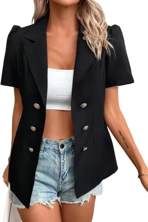 2024 Summer Womens Short Puff Sleeve Fully Lined Blazer Double Breasted Lightweight Casual Office Jackets