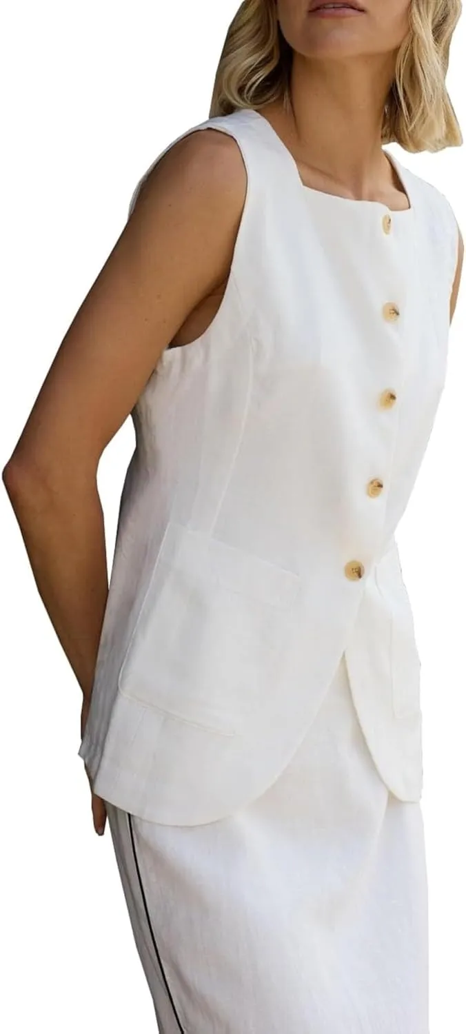 2025 Women's Summer Linen Vest Blazer Long Y2K Lightweight Fully-Lined Fashion Casual Jackets Tops Pockets