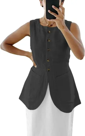 2025 Women's Summer Linen Vest Blazer Long Y2K Lightweight Fully-Lined Fashion Casual Jackets Tops Pockets
