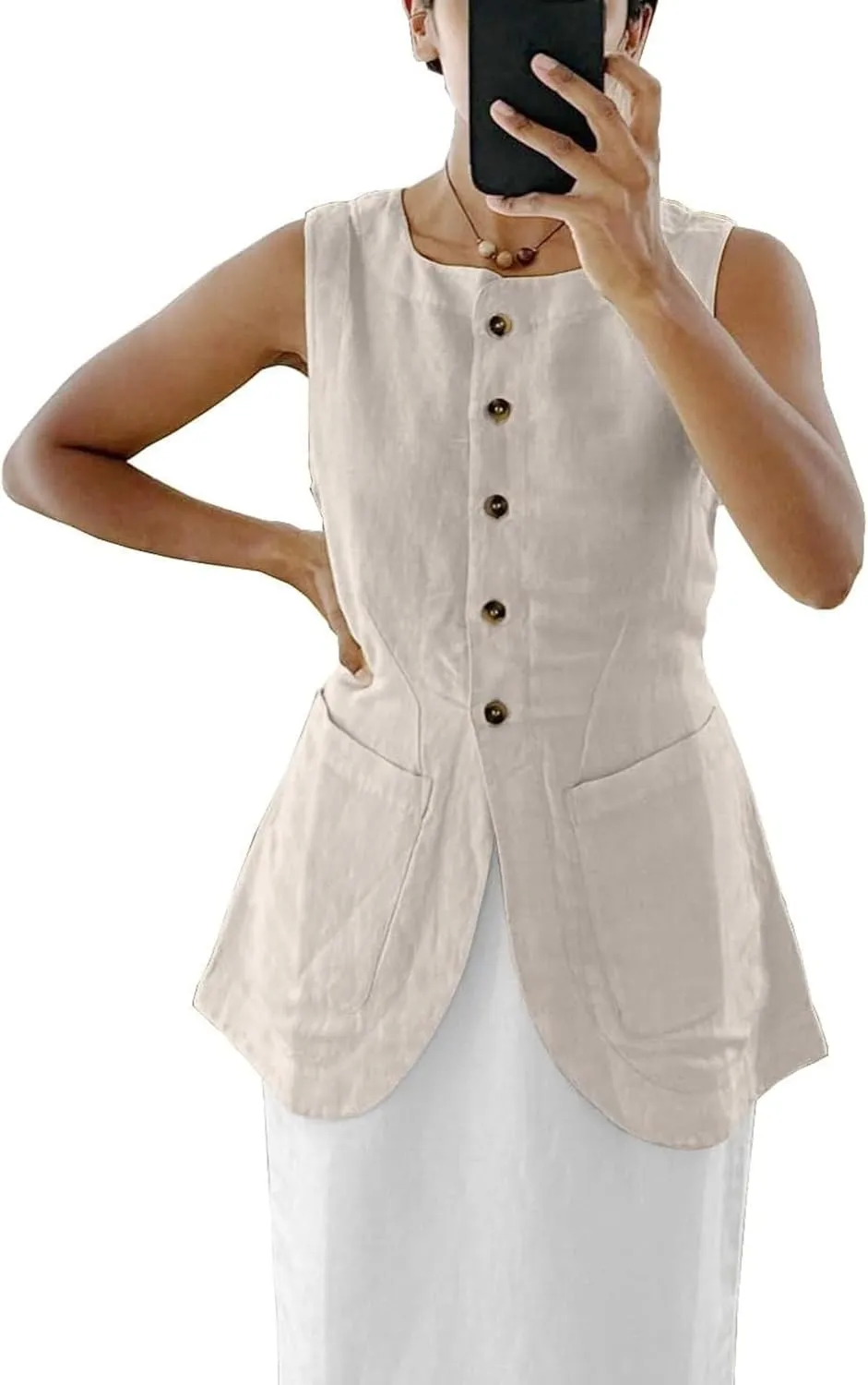 2025 Women's Summer Linen Vest Blazer Long Y2K Lightweight Fully-Lined Fashion Casual Jackets Tops Pockets