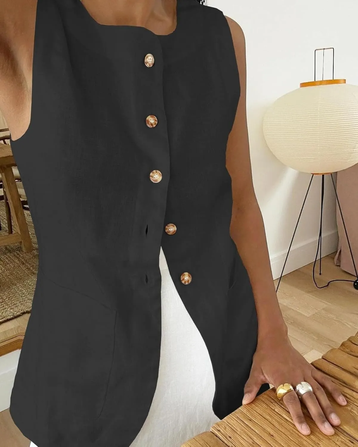 2025 Women's Summer Linen Vest Blazer Long Y2K Lightweight Fully-Lined Fashion Casual Jackets Tops Pockets
