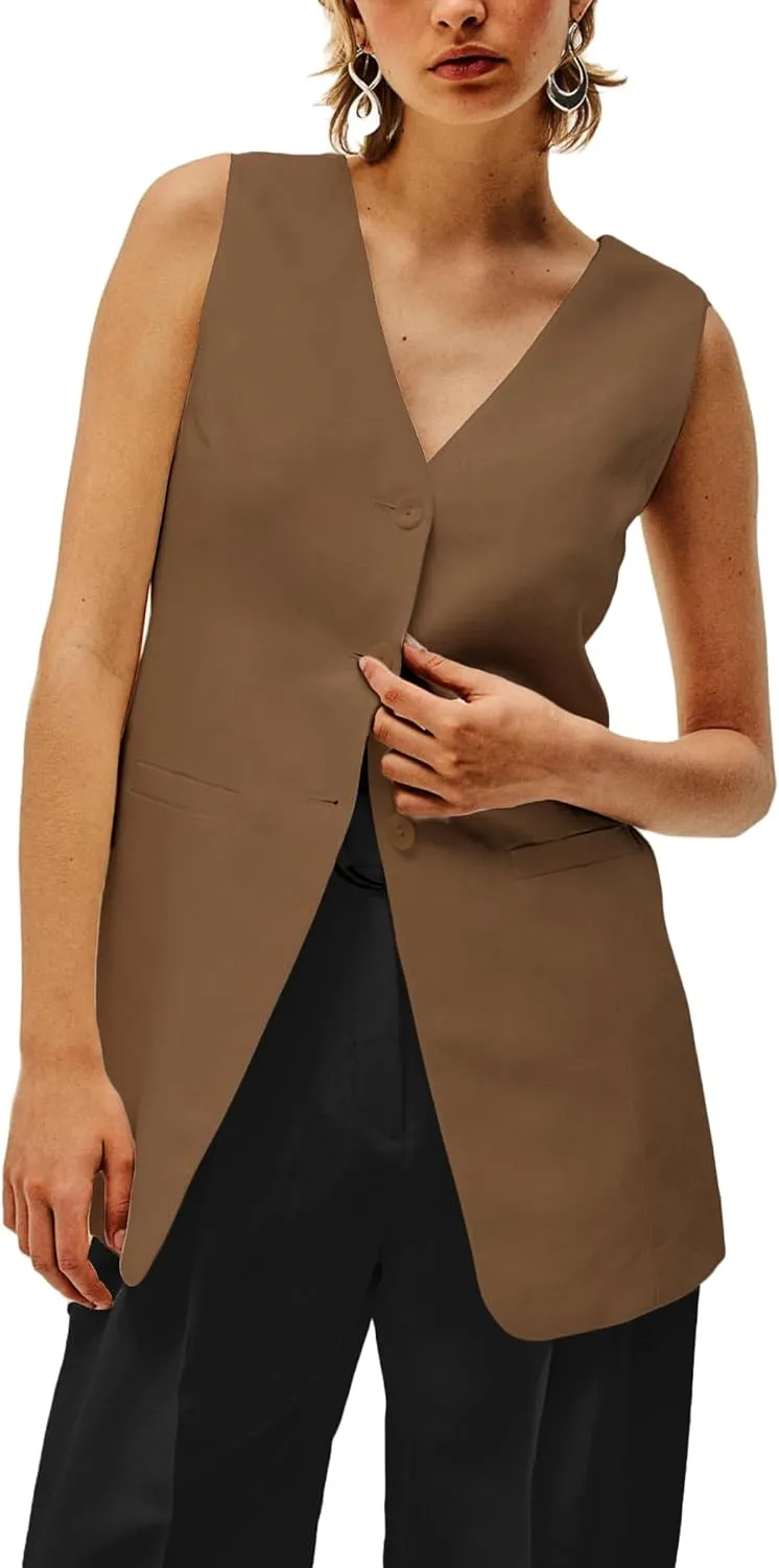 2025 Women's Summer Linen Vest Blazer Long Y2K Lightweight Fully-Lined V-Neck Fashion Casual Jackets Tops Pockets