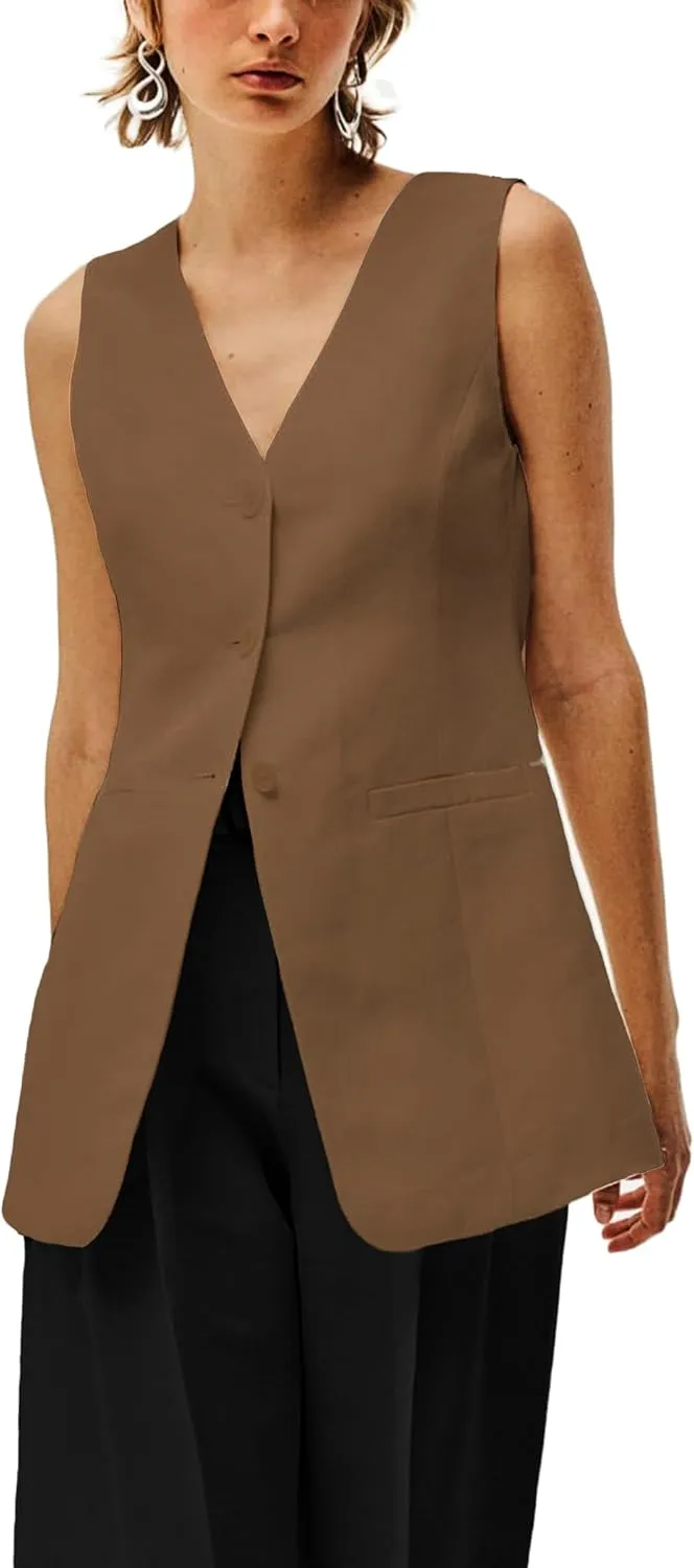 2025 Women's Summer Linen Vest Blazer Long Y2K Lightweight Fully-Lined V-Neck Fashion Casual Jackets Tops Pockets