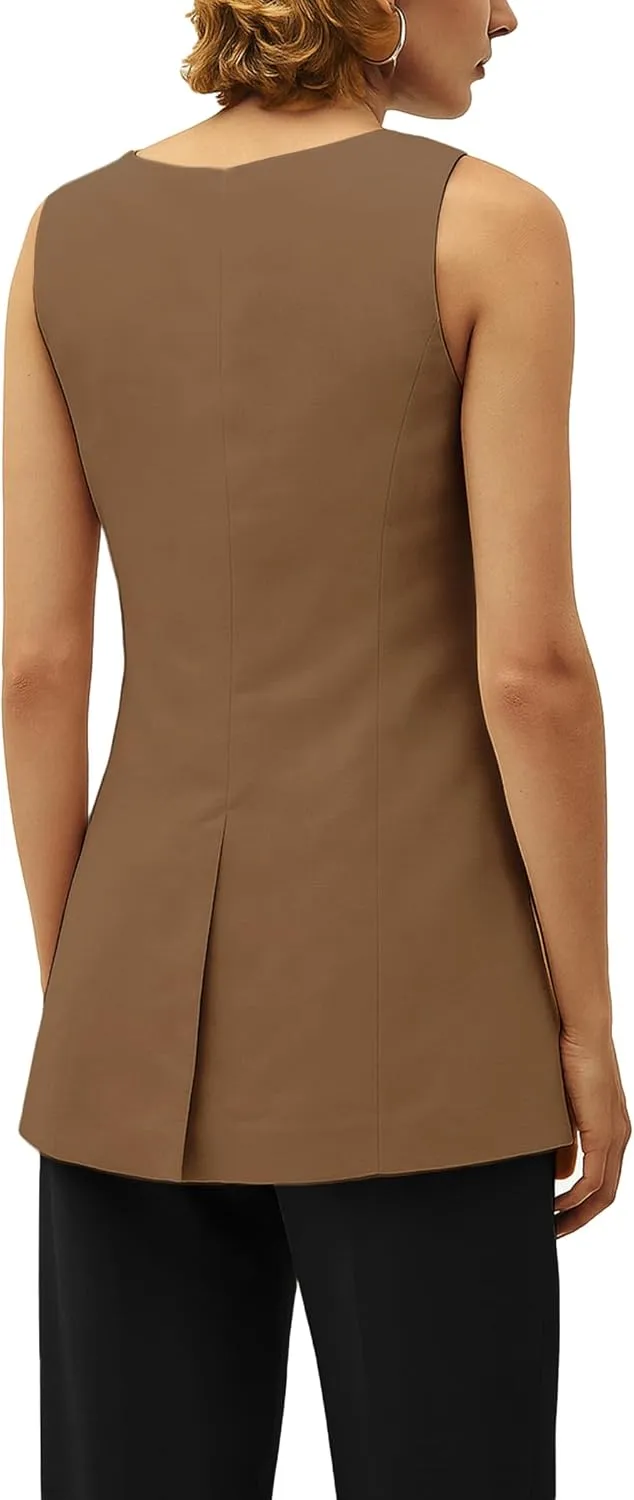 2025 Women's Summer Linen Vest Blazer Long Y2K Lightweight Fully-Lined V-Neck Fashion Casual Jackets Tops Pockets