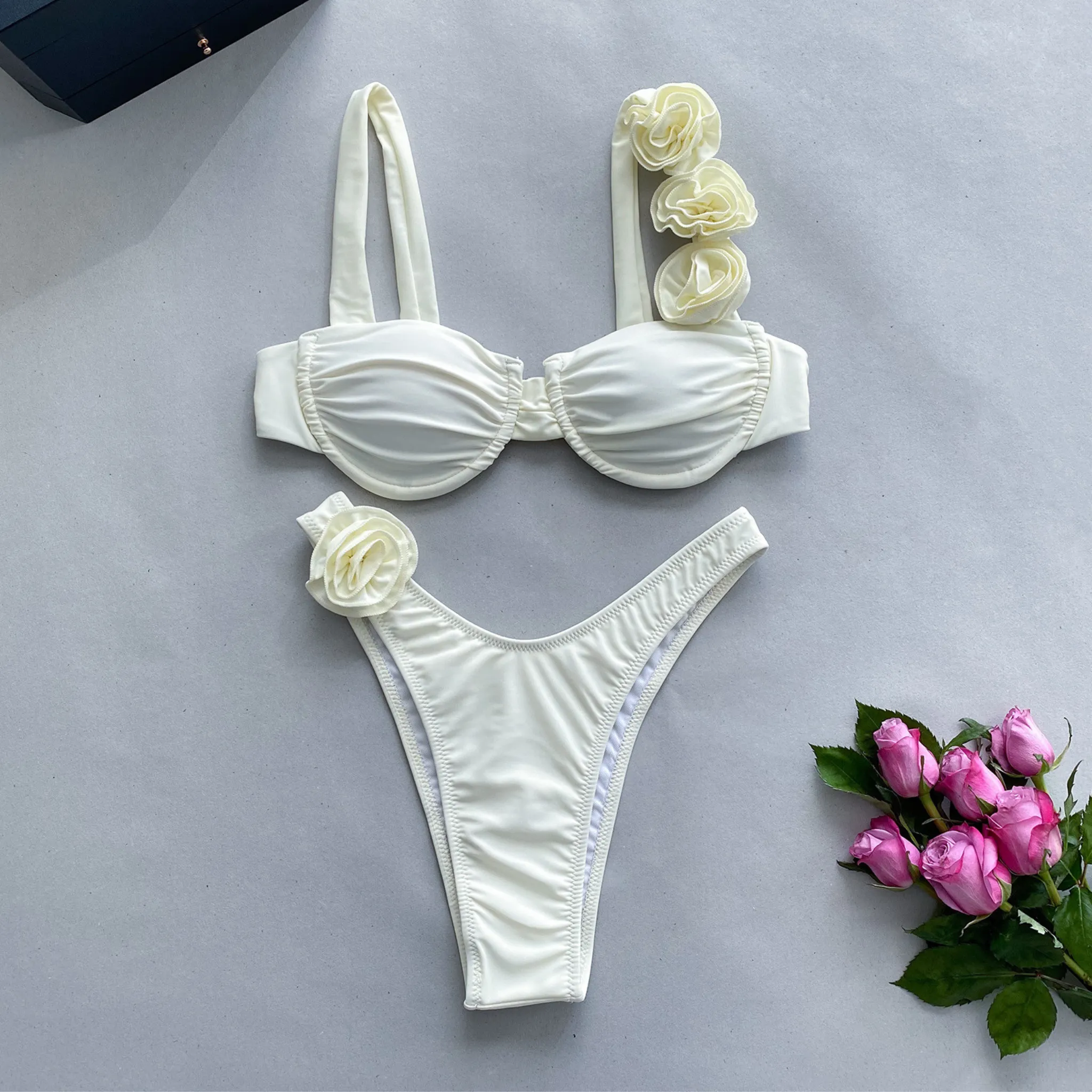 3D Floral Elegance High-Cut Bikini Set