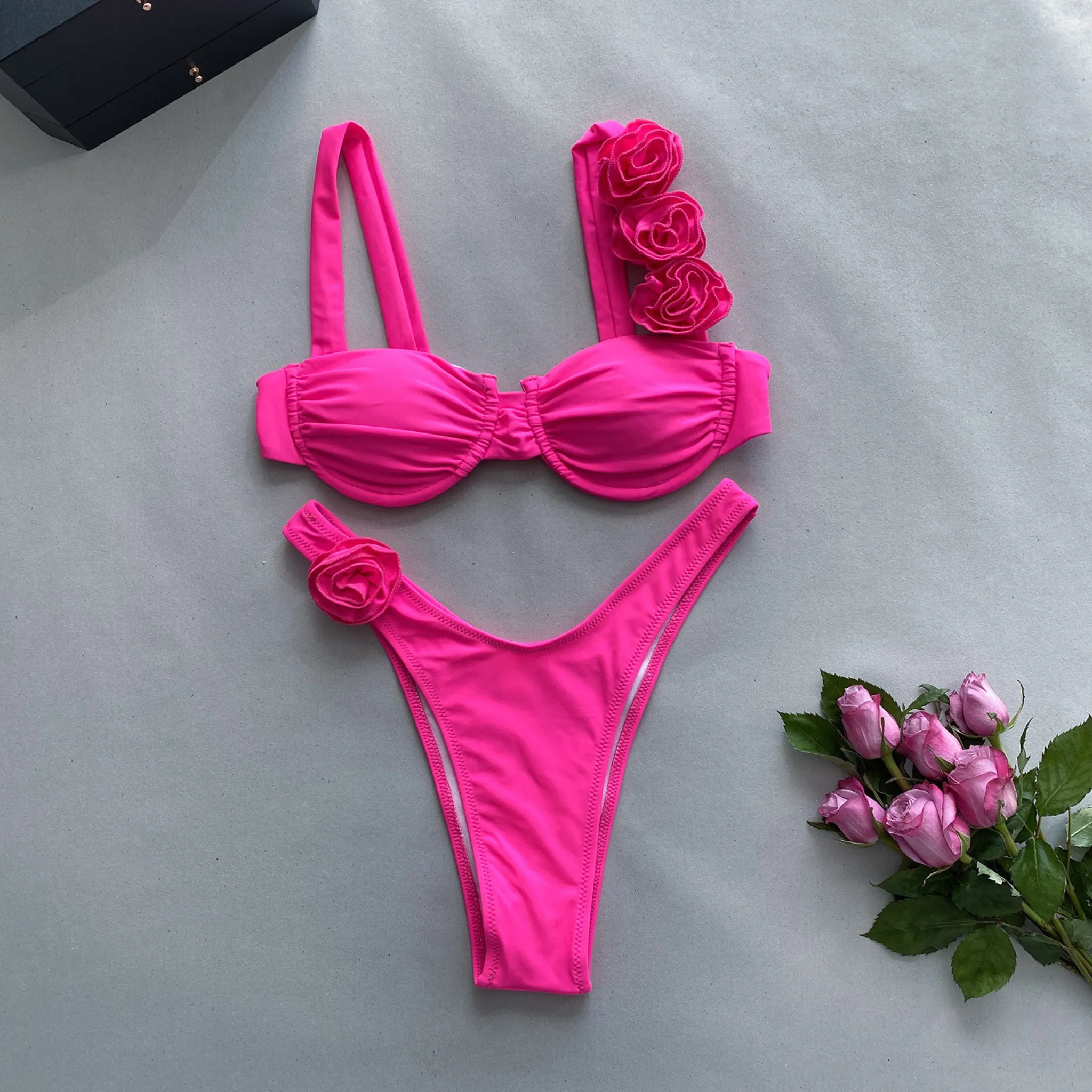 3D Floral Elegance High-Cut Bikini Set