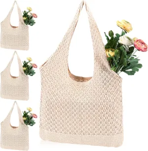 4 Packs Mesh Beach Bag Crochet Tote Bag Straw Crochet Purses for Women Raffia Tote Summer Boho Aesthetic Soft Large Hippie Vacation Knit Shoulder Handbag