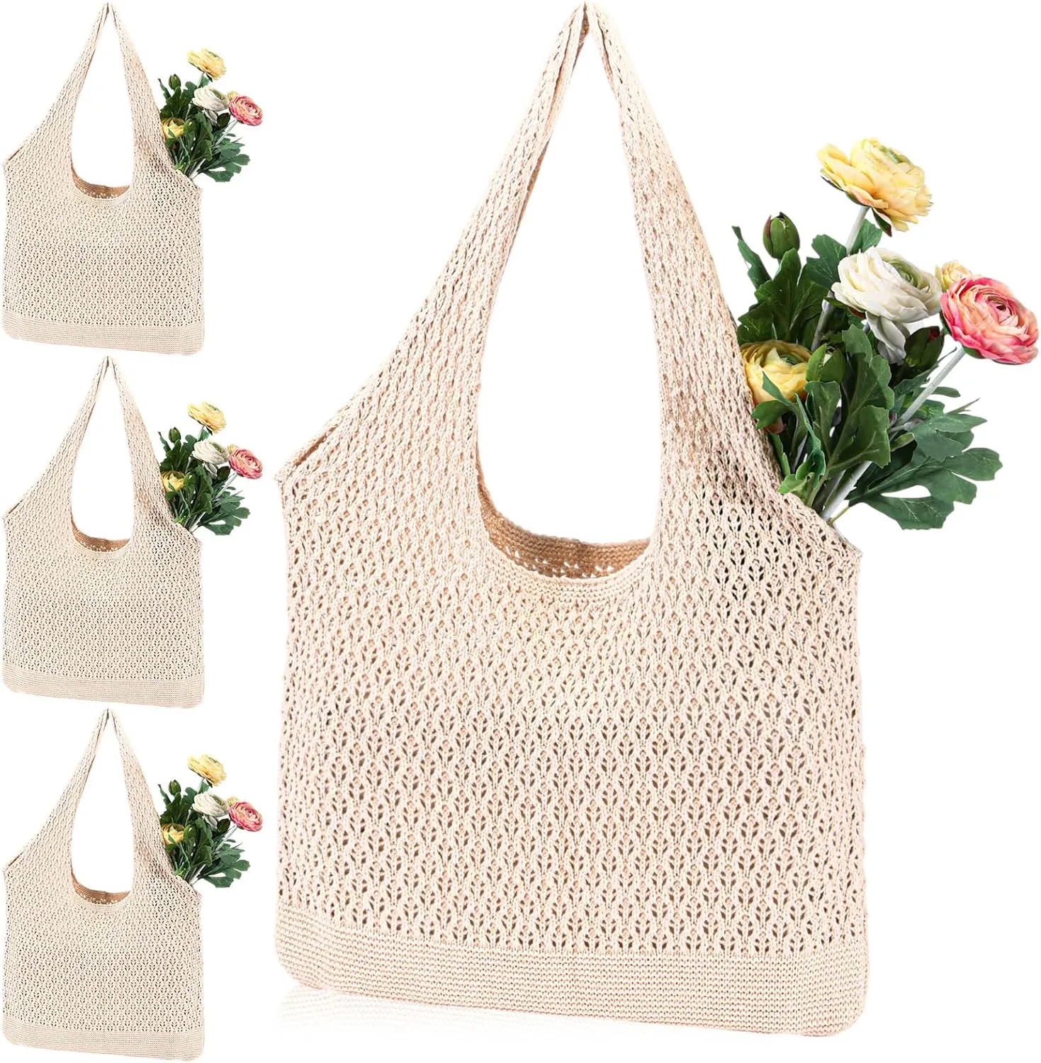 4 Packs Mesh Beach Bag Crochet Tote Bag Straw Crochet Purses for Women Raffia Tote Summer Boho Aesthetic Soft Large Hippie Vacation Knit Shoulder Handbag