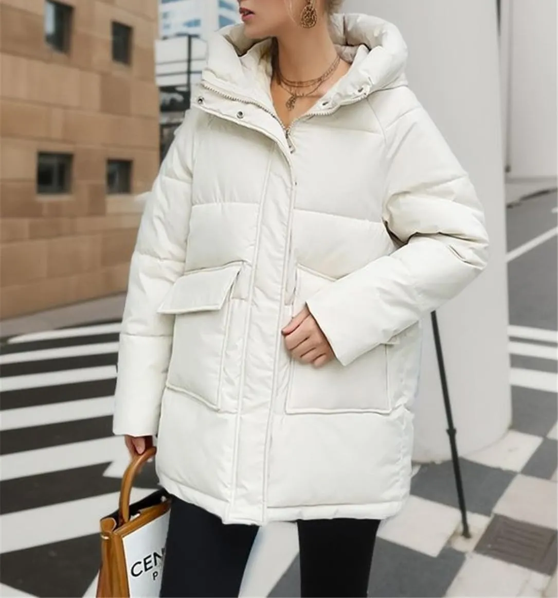 Adhdyuud Women Winter Long Coats Hooded Solid Puffer Jackets Big Pockets Cotton Padded Casual Warm Bubble Parka