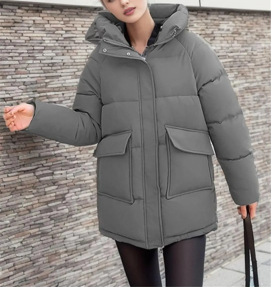 Adhdyuud Women Winter Long Coats Hooded Solid Puffer Jackets Big Pockets Cotton Padded Casual Warm Bubble Parka