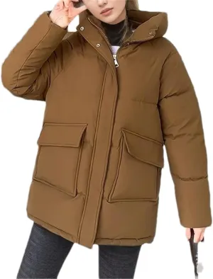 Adhdyuud Women Winter Long Coats Hooded Solid Puffer Jackets Big Pockets Cotton Padded Casual Warm Bubble Parka