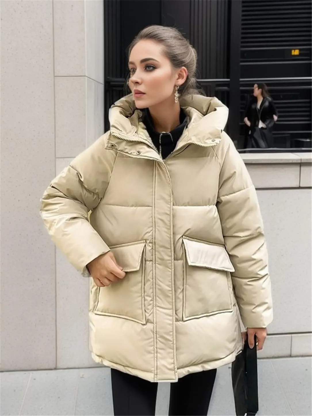 Adhdyuud Women Winter Long Coats Hooded Solid Puffer Jackets Big Pockets Cotton Padded Casual Warm Bubble Parka