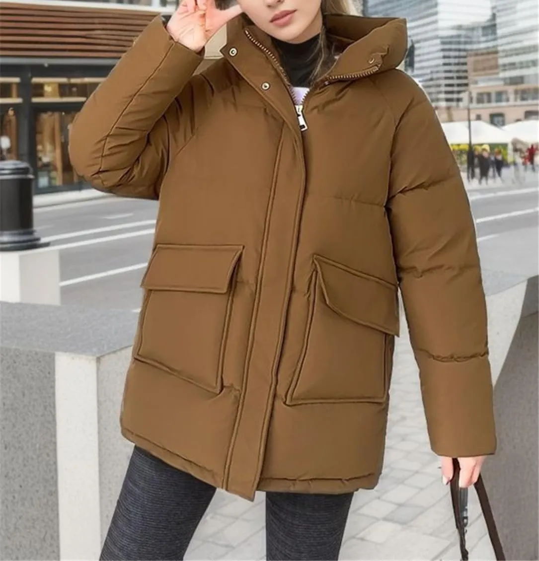 Adhdyuud Women Winter Long Coats Hooded Solid Puffer Jackets Big Pockets Cotton Padded Casual Warm Bubble Parka