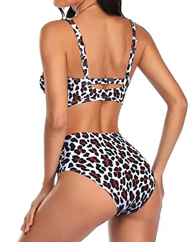 Adjustable Spaghetti Straps Bikini Set For Women Bathing Suits-White Leopard