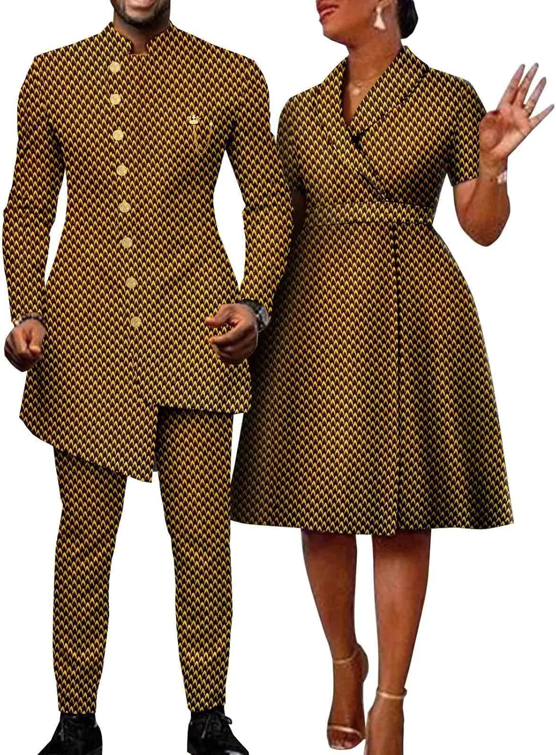 African Clothes for Couples Men Single Breasted Fit Jackets Matching Bazin Riche Dashiki Print Dresses Trench Coats