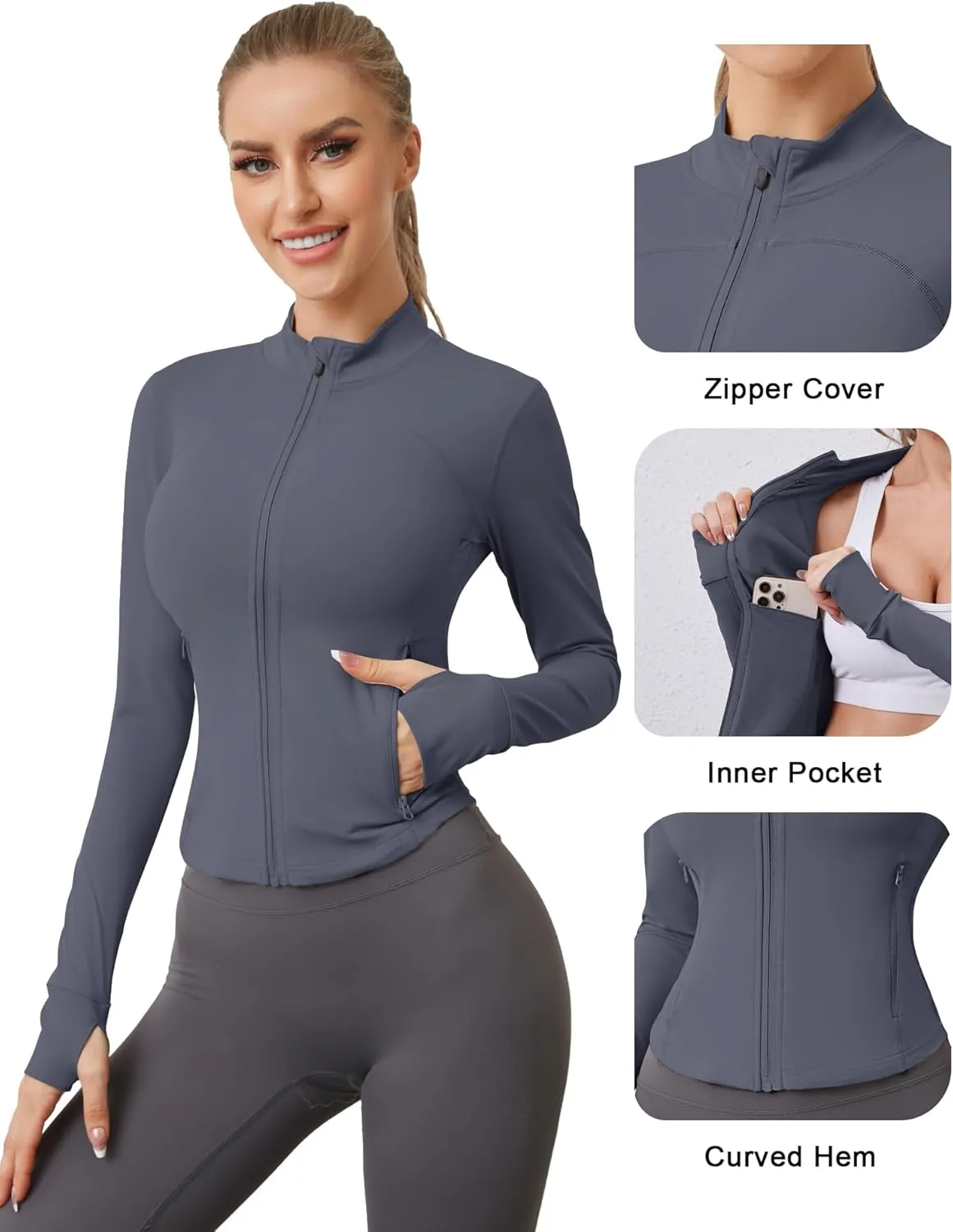 AKEWEI Womens Zip Up Workout Jackets Lightweight Athletic Slim Fit Track Jacket with Inner and Outer Pockets and Thumb Holes