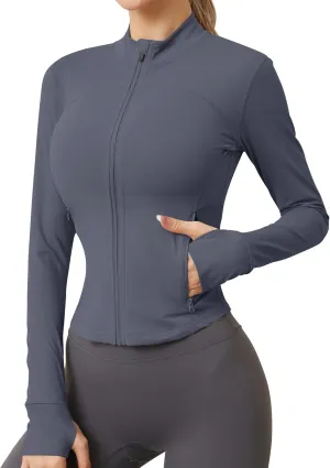 AKEWEI Womens Zip Up Workout Jackets Lightweight Athletic Slim Fit Track Jacket with Inner and Outer Pockets and Thumb Holes
