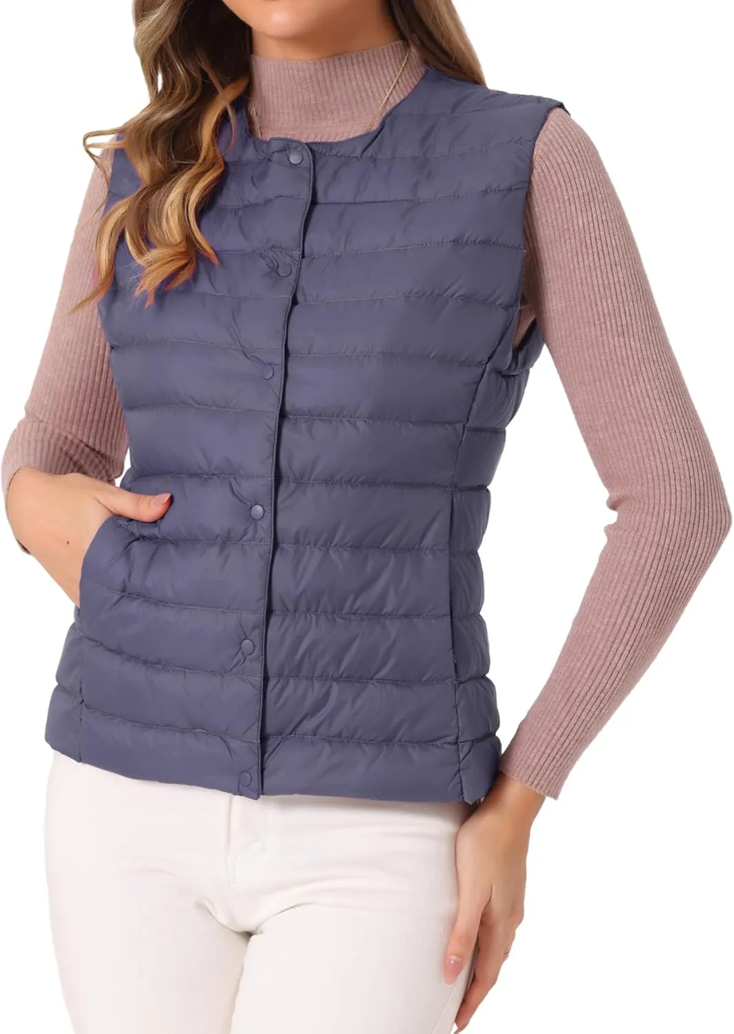 Allegra K Women's Puffer Vest Sleeveless Lightweight Button Up Quilted Round Neck Jacket Coat