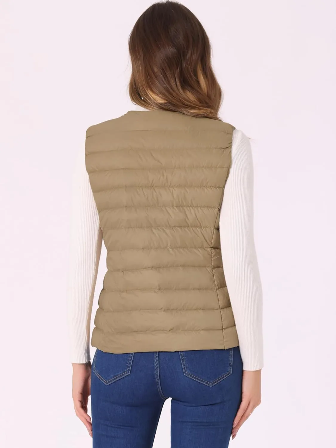 Allegra K Women's Puffer Vest Sleeveless Lightweight Button Up Quilted Round Neck Jacket Coat
