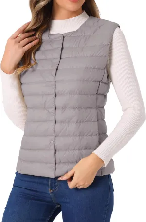Allegra K Women's Puffer Vest Sleeveless Lightweight Button Up Quilted Round Neck Jacket Coat