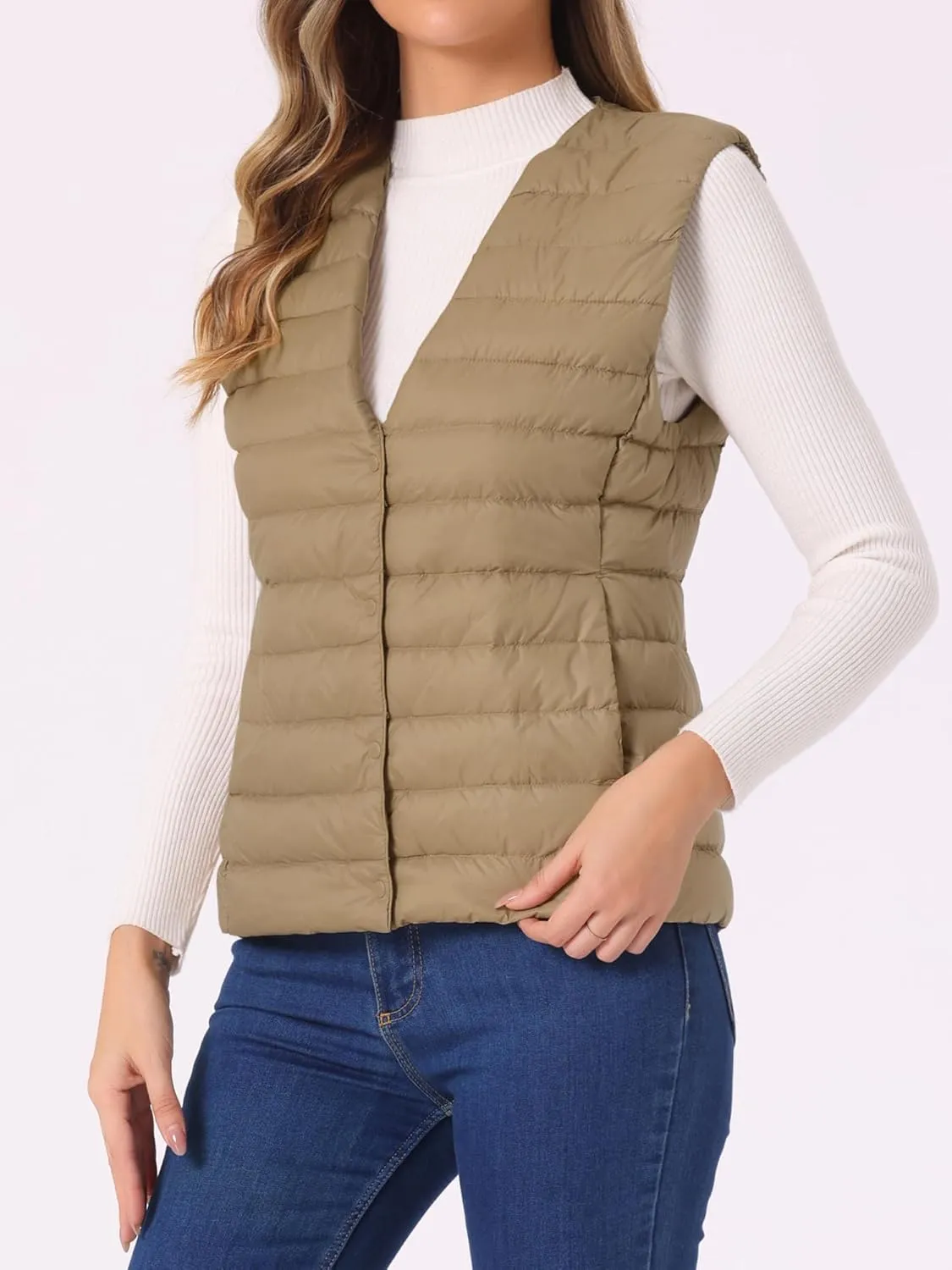 Allegra K Women's Puffer Vest Sleeveless Lightweight Button Up Quilted Round Neck Jacket Coat