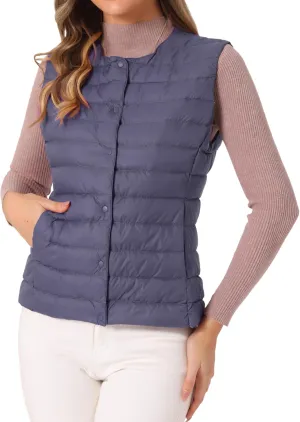 Allegra K Women's Puffer Vest Sleeveless Lightweight Button Up Quilted Round Neck Jacket Coat