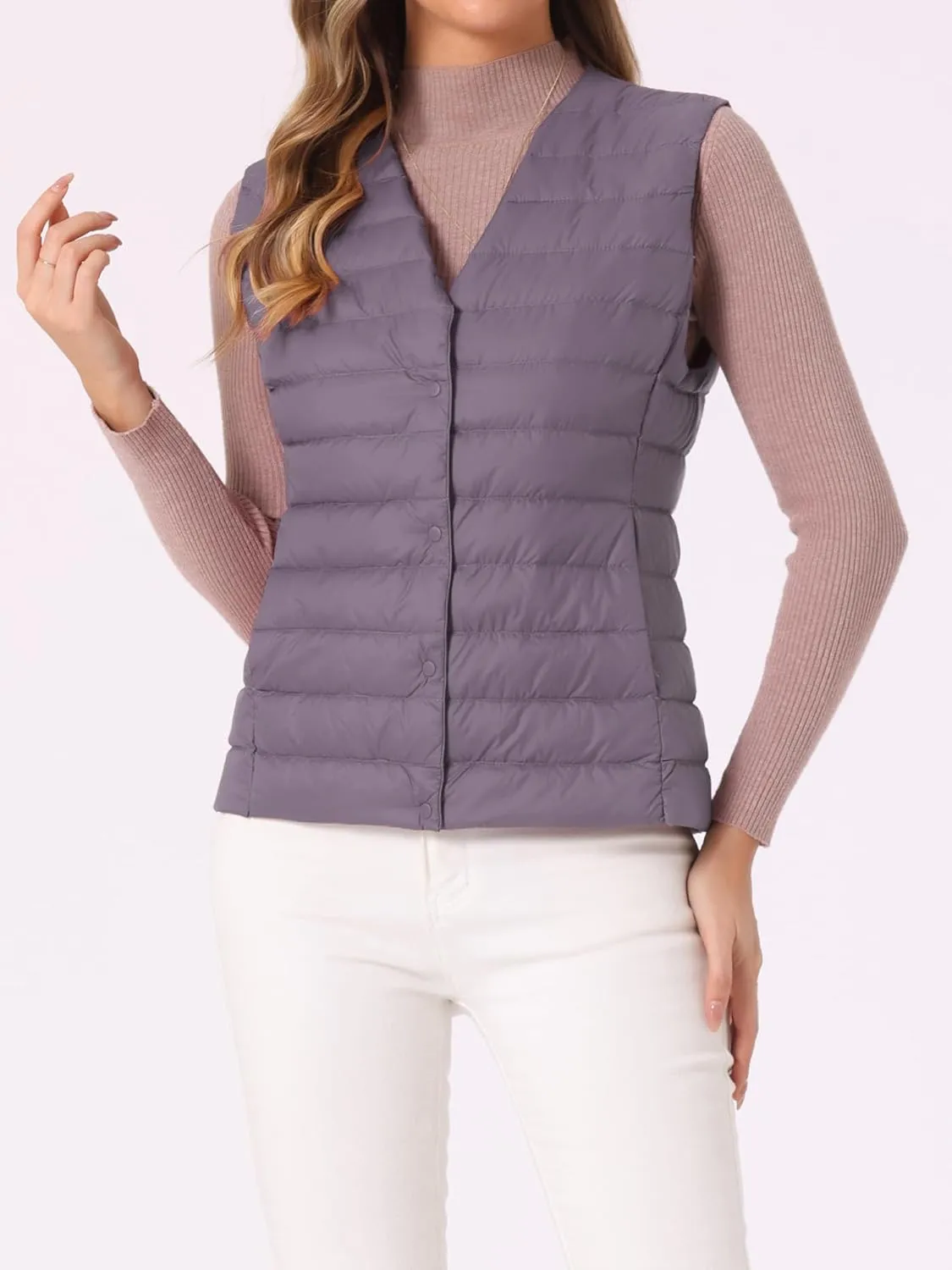 Allegra K Women's Puffer Vest Sleeveless Lightweight Button Up Quilted Round Neck Jacket Coat