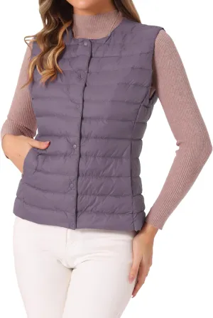 Allegra K Women's Puffer Vest Sleeveless Lightweight Button Up Quilted Round Neck Jacket Coat