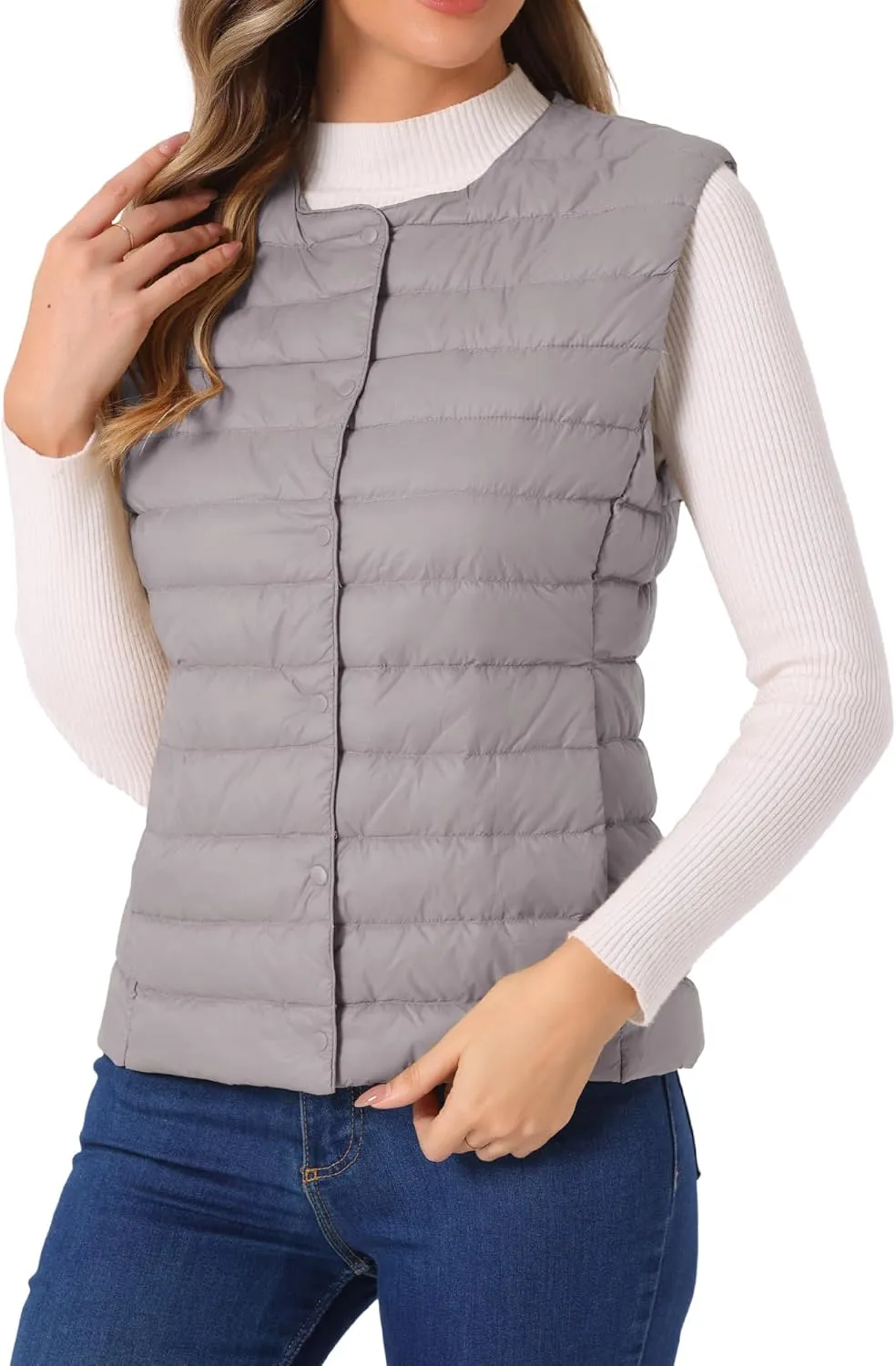 Allegra K Women's Puffer Vest Sleeveless Lightweight Button Up Quilted Round Neck Jacket Coat