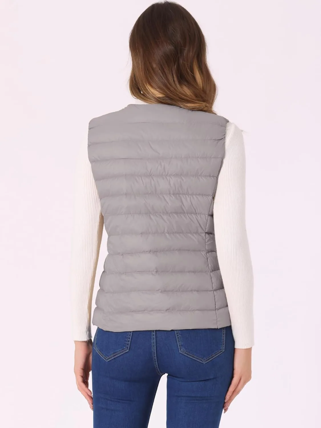 Allegra K Women's Puffer Vest Sleeveless Lightweight Button Up Quilted Round Neck Jacket Coat