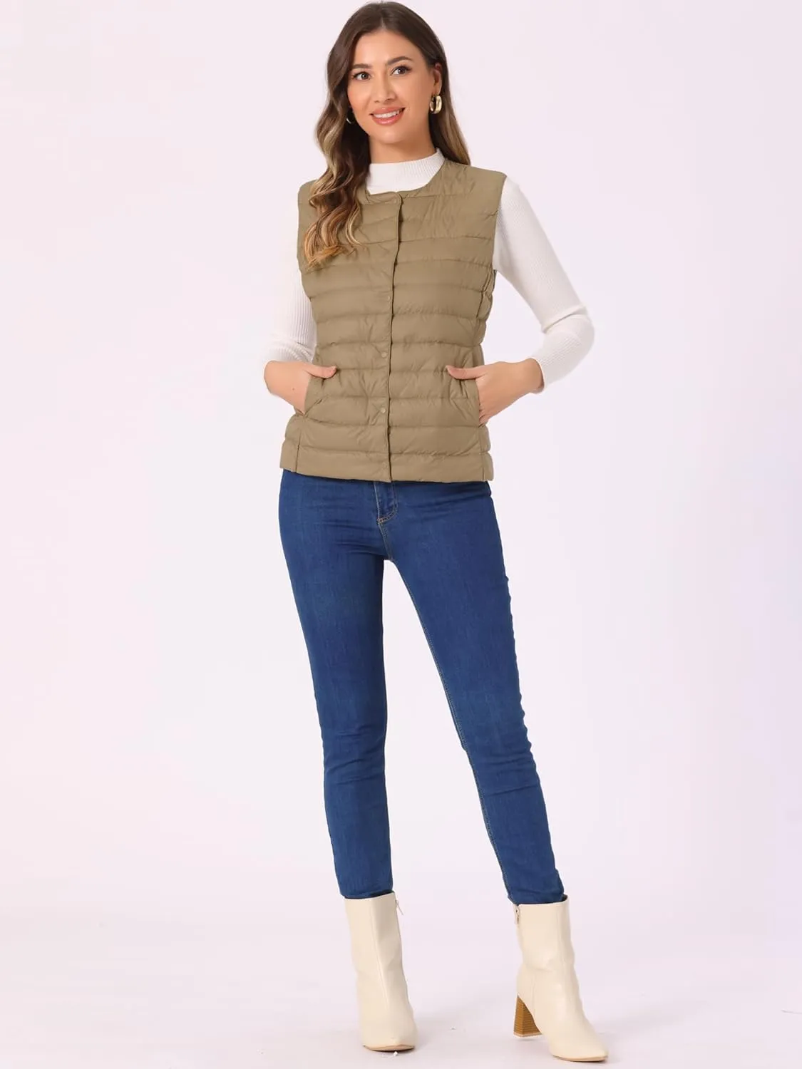 Allegra K Women's Puffer Vest Sleeveless Lightweight Button Up Quilted Round Neck Jacket Coat