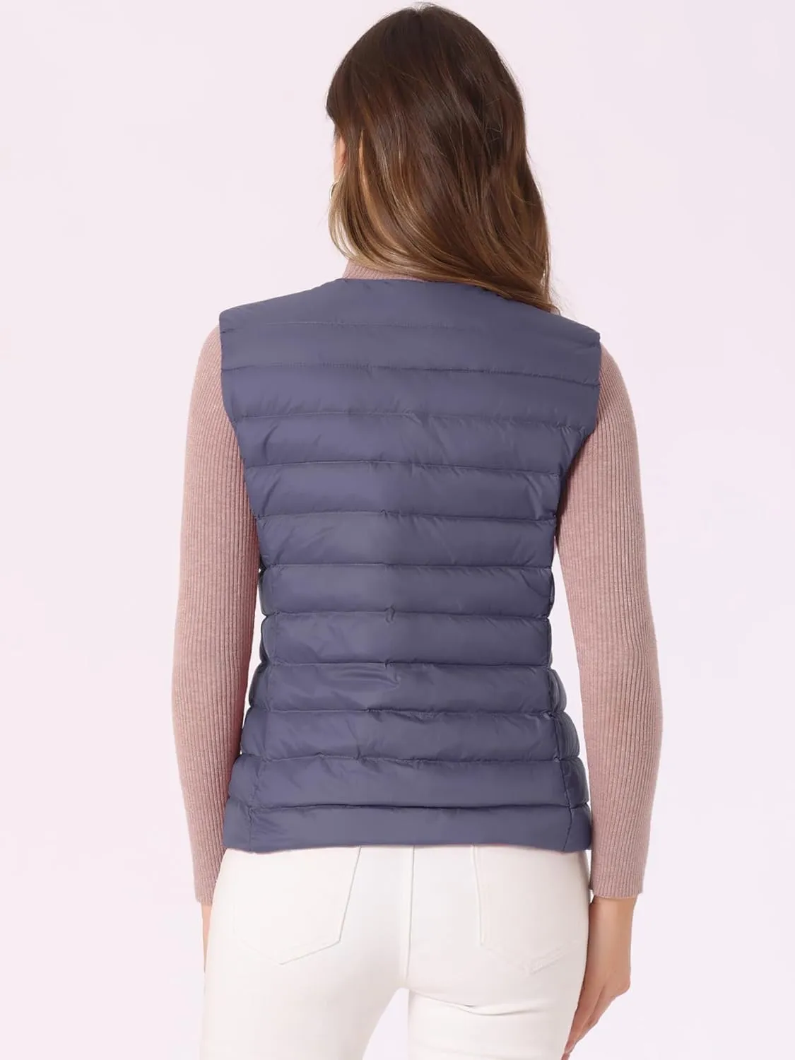 Allegra K Women's Puffer Vest Sleeveless Lightweight Button Up Quilted Round Neck Jacket Coat