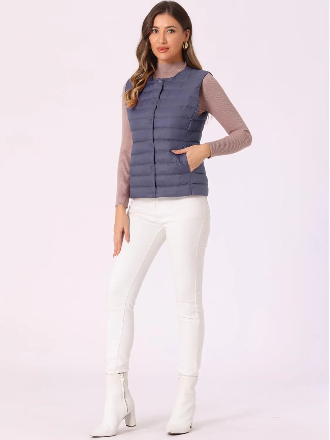 Allegra K Women's Puffer Vest Sleeveless Lightweight Button Up Quilted Round Neck Jacket Coat