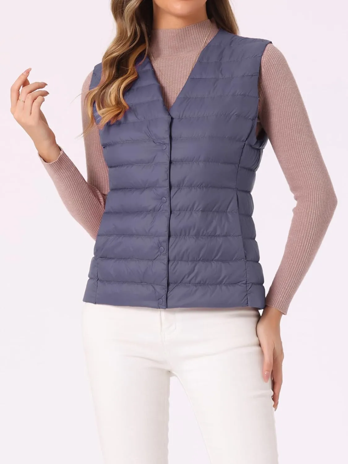 Allegra K Women's Puffer Vest Sleeveless Lightweight Button Up Quilted Round Neck Jacket Coat
