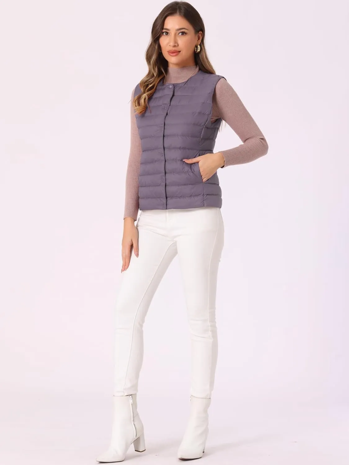 Allegra K Women's Puffer Vest Sleeveless Lightweight Button Up Quilted Round Neck Jacket Coat