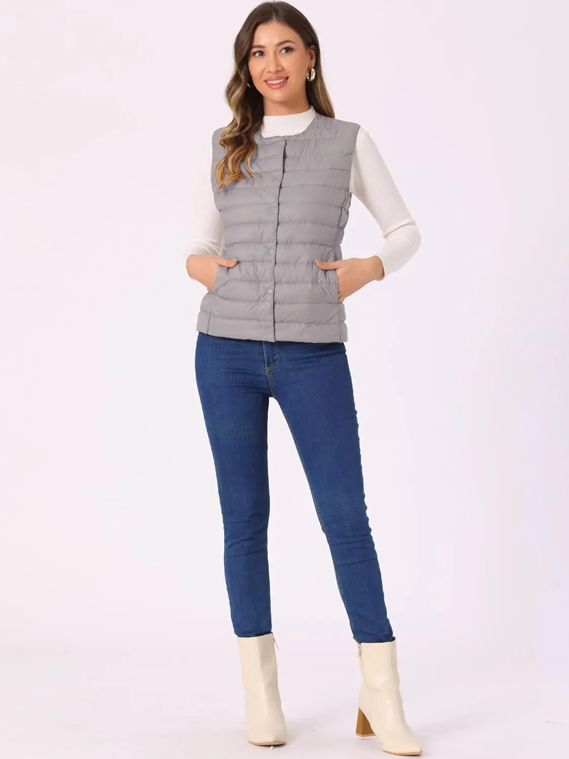 Allegra K Women's Puffer Vest Sleeveless Lightweight Button Up Quilted Round Neck Jacket Coat