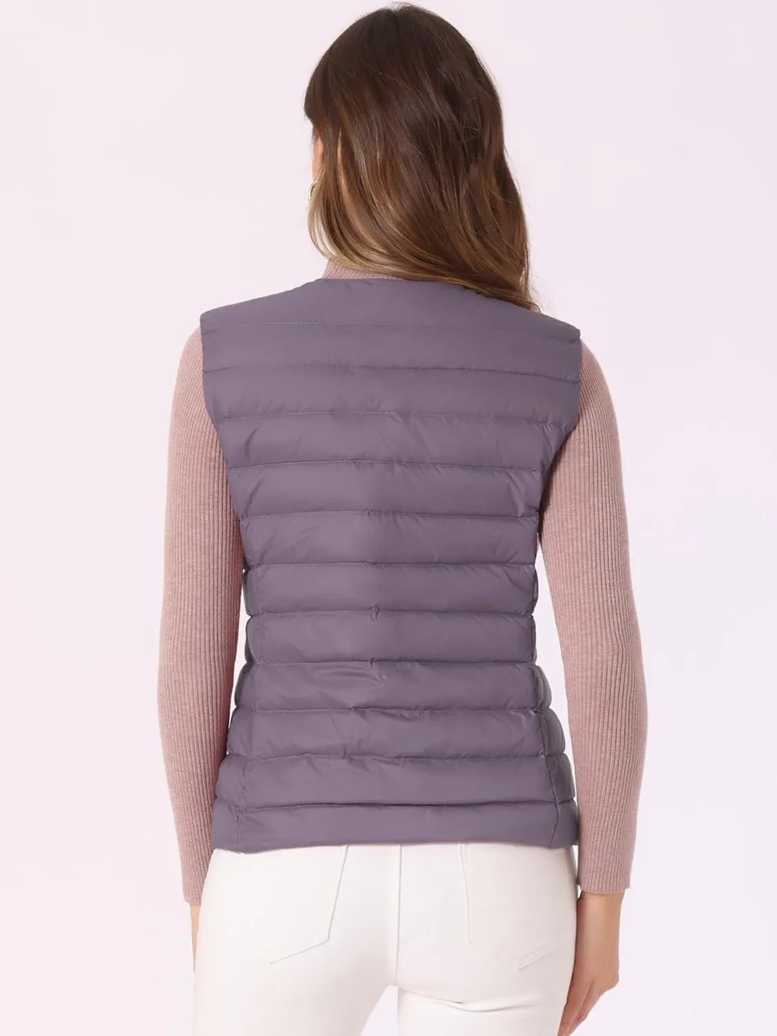 Allegra K Women's Puffer Vest Sleeveless Lightweight Button Up Quilted Round Neck Jacket Coat