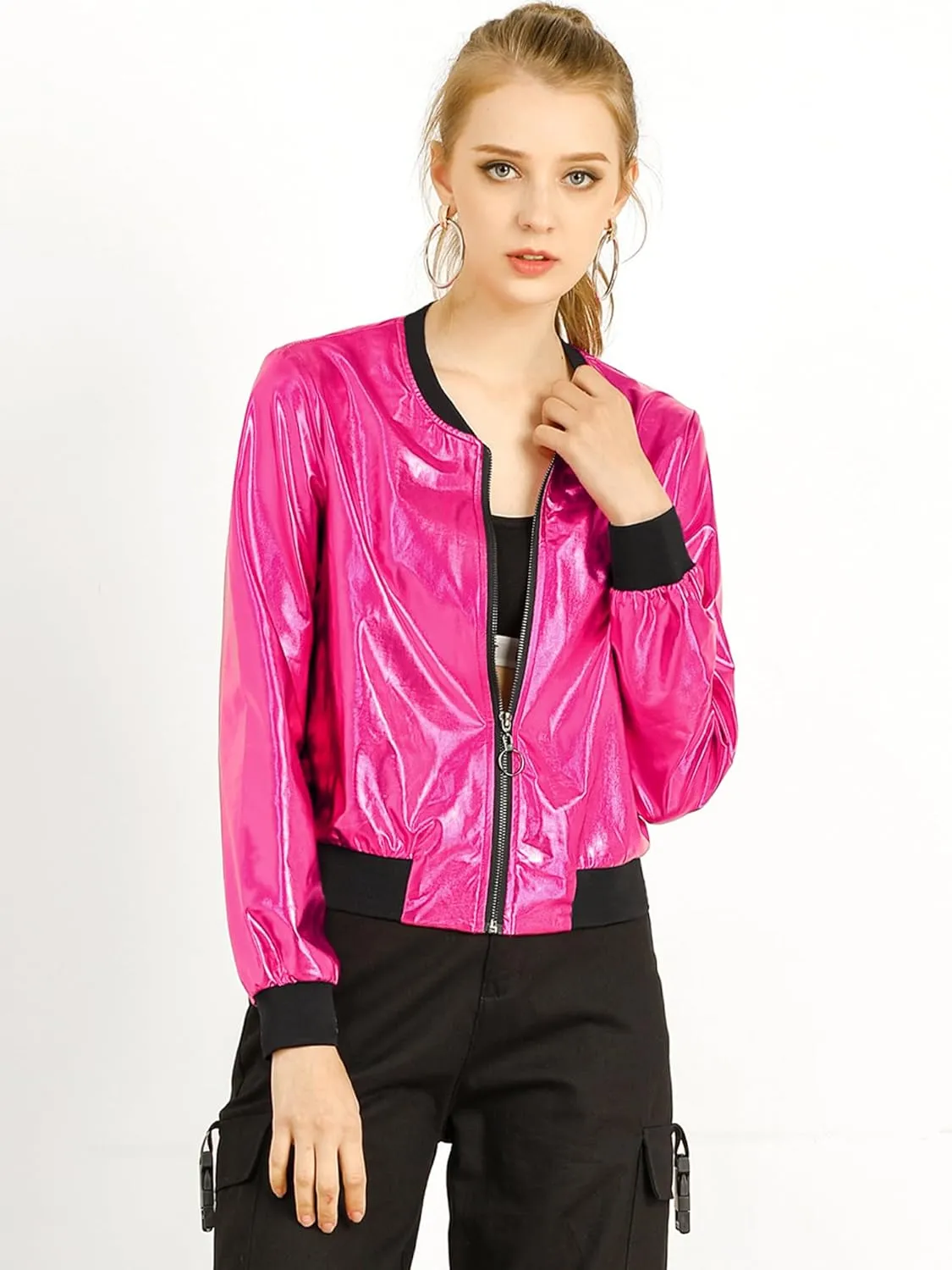 Allegra K Women's St. Patrick's Day Sparkly Holographic Lightweight 90S Shiny Metallic Bomber Jacket