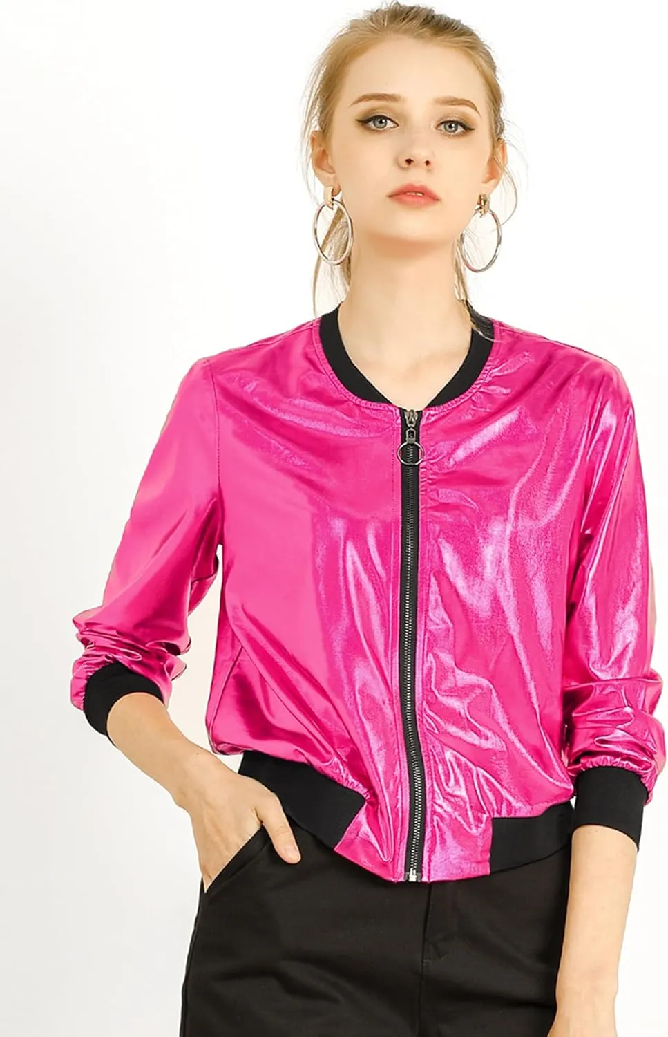 Allegra K Women's St. Patrick's Day Sparkly Holographic Lightweight 90S Shiny Metallic Bomber Jacket
