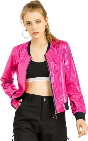 Allegra K Women's St. Patrick's Day Sparkly Holographic Lightweight 90S Shiny Metallic Bomber Jacket