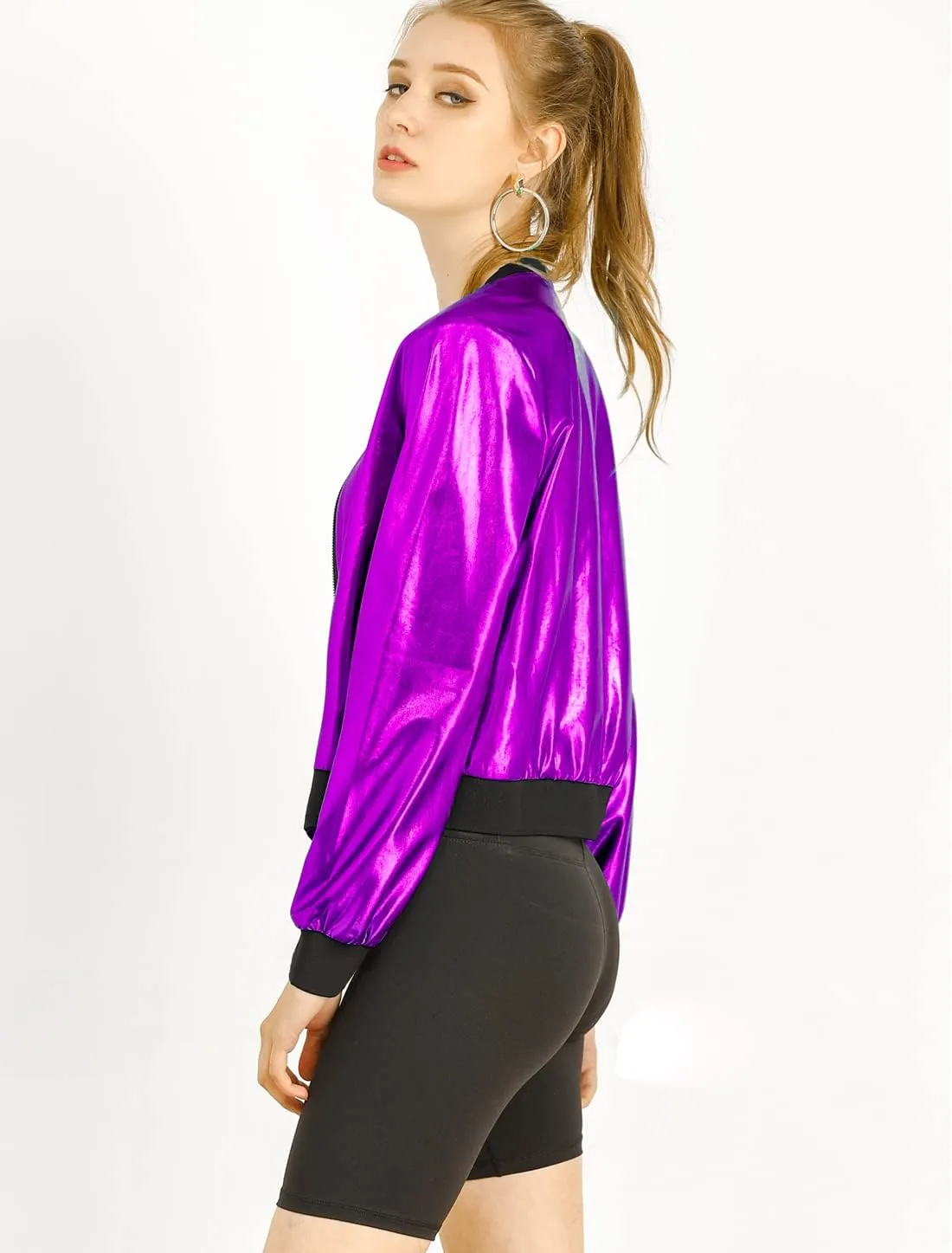 Allegra K Women's St. Patrick's Day Sparkly Holographic Lightweight 90S Shiny Metallic Bomber Jacket