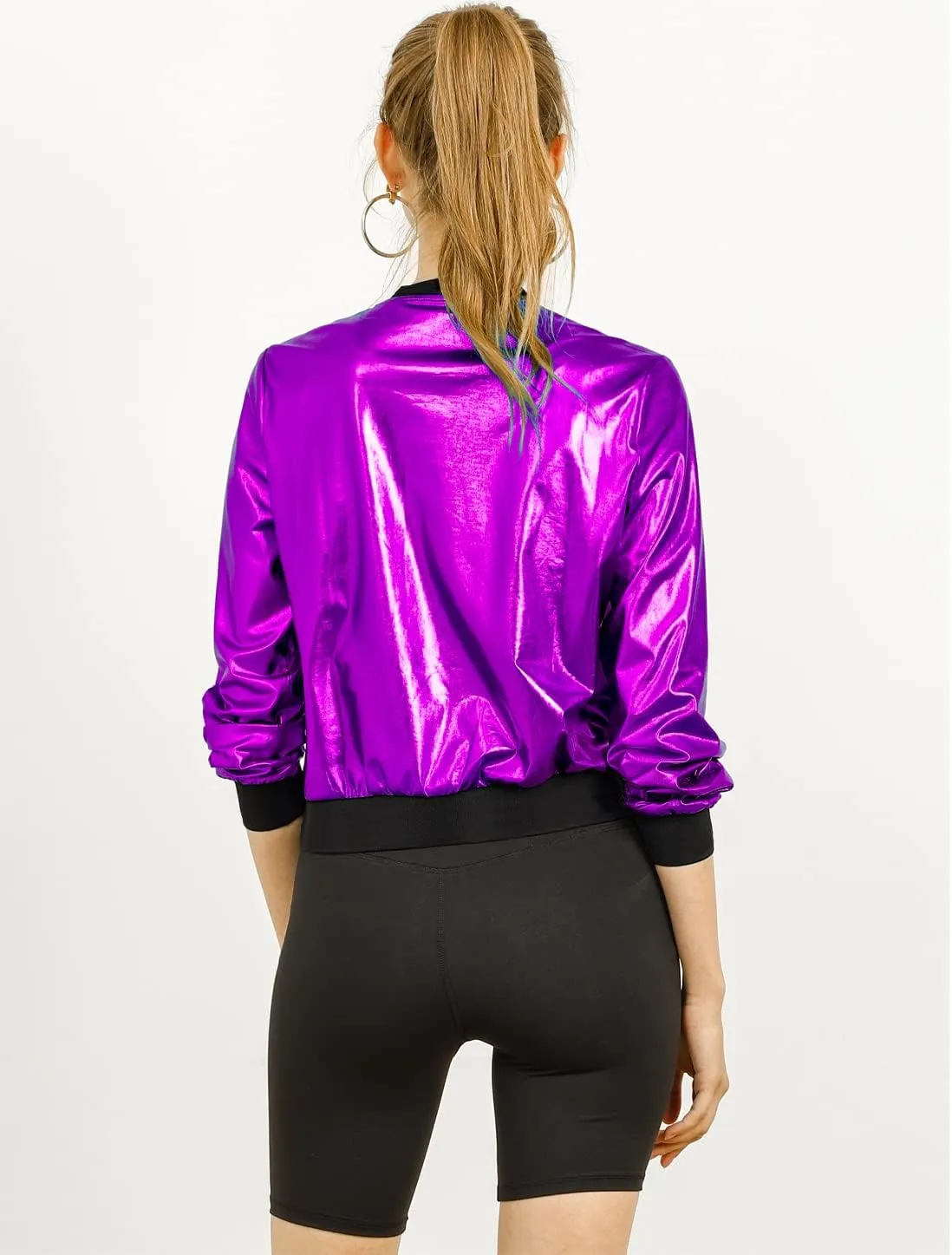 Allegra K Women's St. Patrick's Day Sparkly Holographic Lightweight 90S Shiny Metallic Bomber Jacket