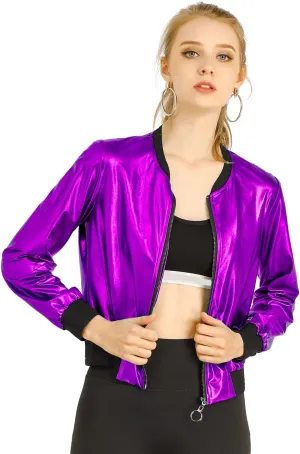 Allegra K Women's St. Patrick's Day Sparkly Holographic Lightweight 90S Shiny Metallic Bomber Jacket