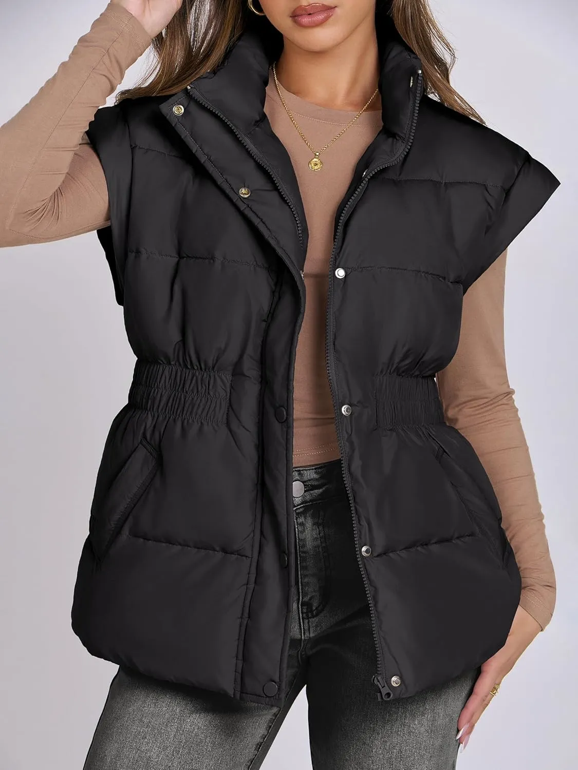 ANRABESS Women Puffer Vest Oversized Sleeveless Zip Up Stand Collar Lightweight Jackets 2025 Winter Warm Puffy Down Coats